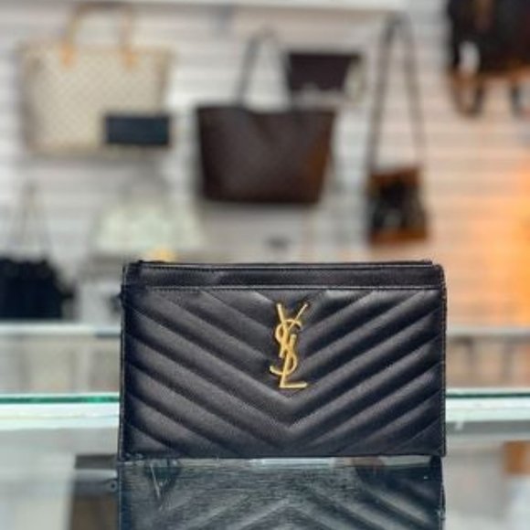 SAINT LAURENT Grain De Poudre Chevron Monogram Bill Pouch - Picture 8 of 14